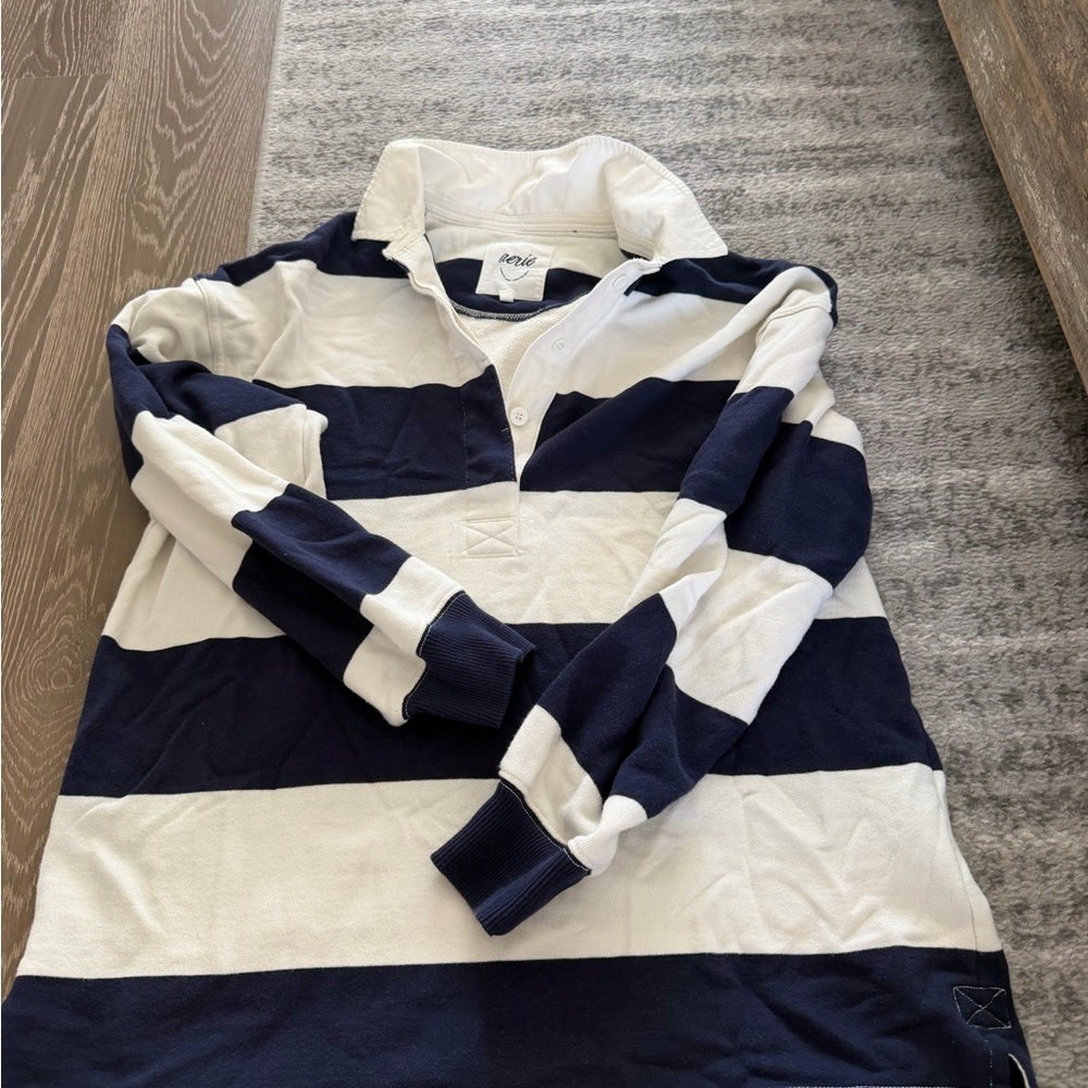aerie Navy and White Striped Rugby Pullover